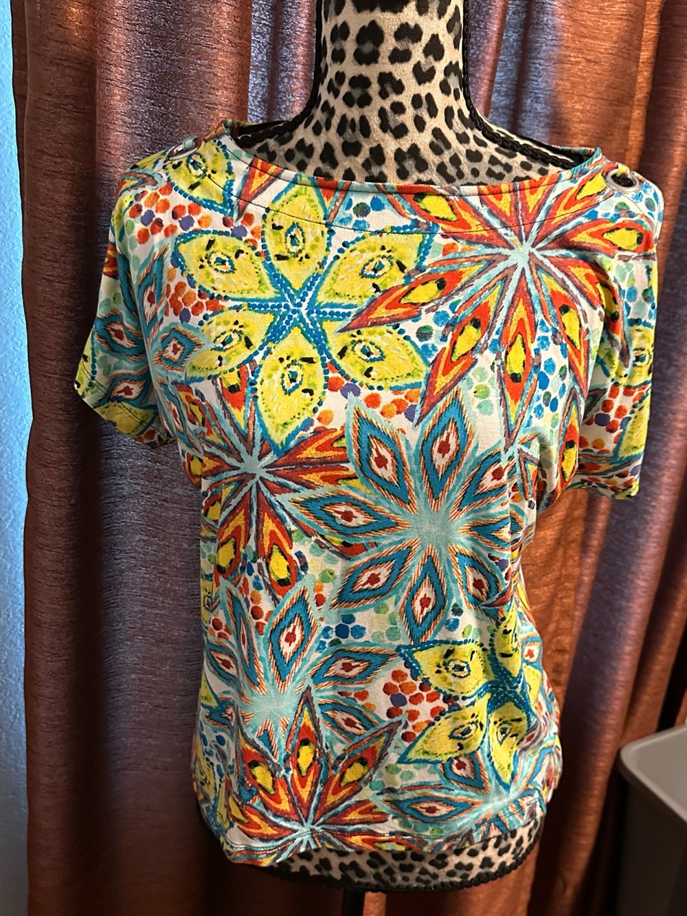 Westbound Yellow Turquoise Orange Floral Starburst Short Sleeve Top